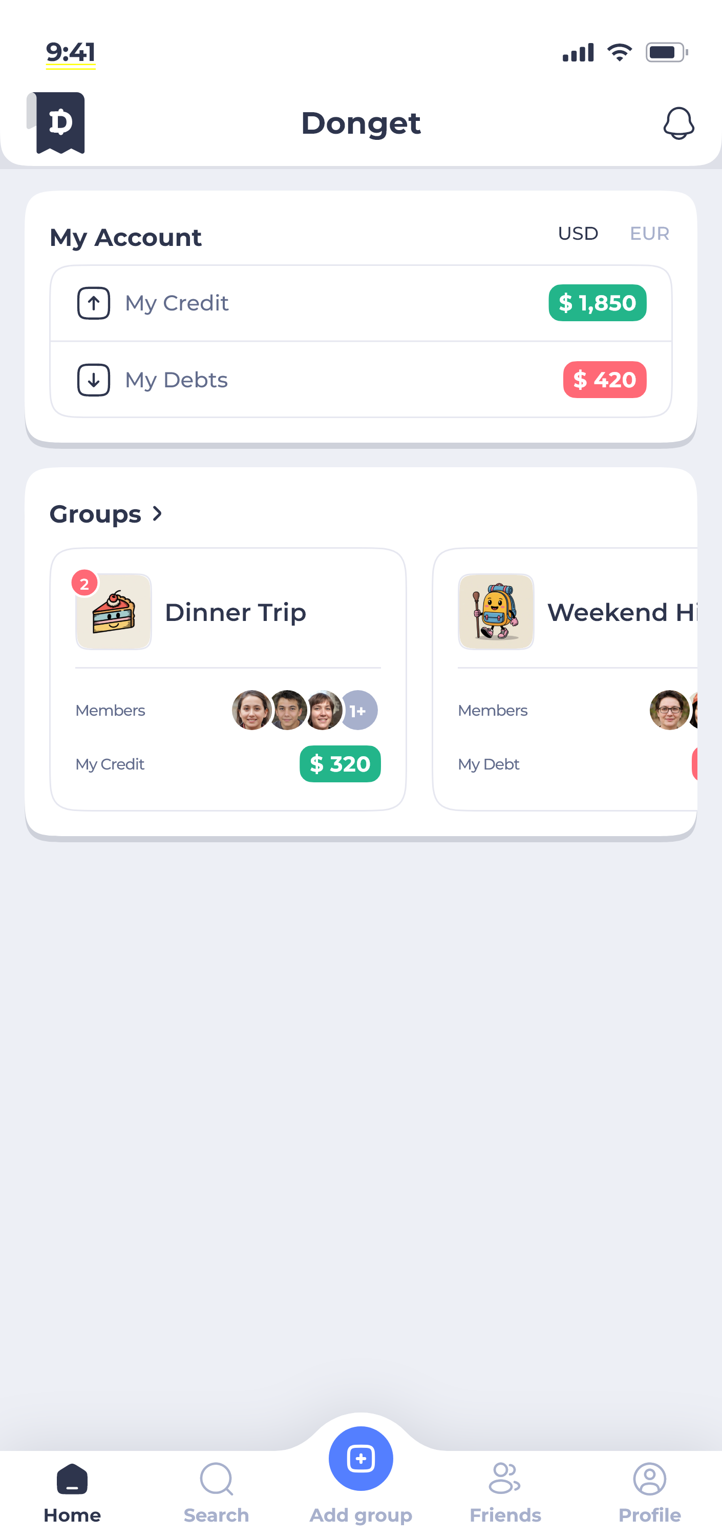Donget app — home screen