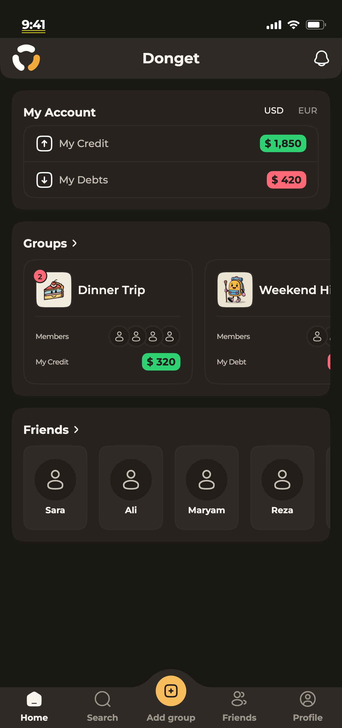 Donget app — home screen